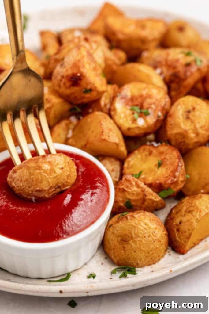 air fryer home fries on a plate being dipped into ketchup with a fork