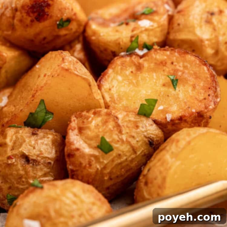 close up image of air fryer home fries with flakey sea salt and chopped parsley on top