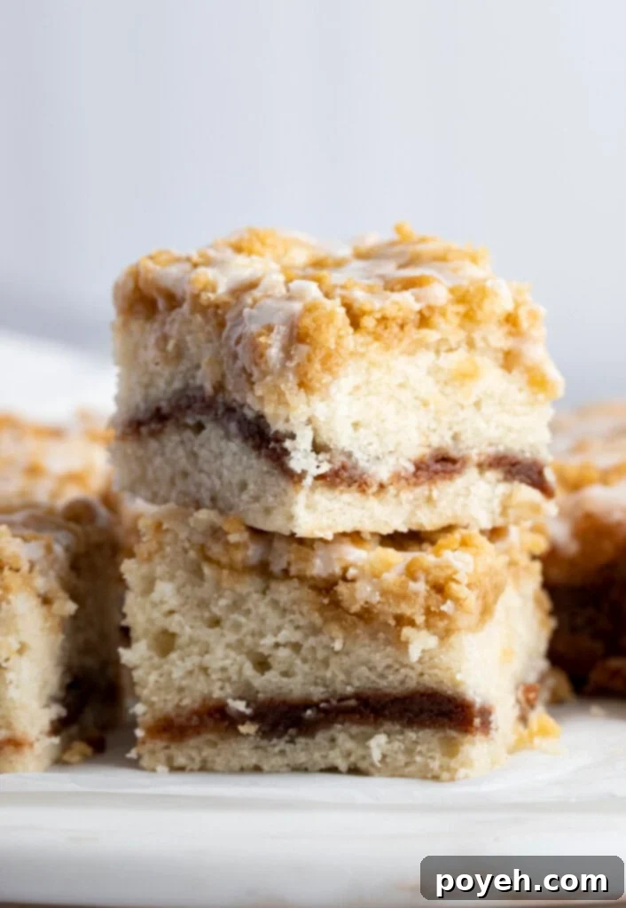 Two squares of vegan coffee cake stacked on top of each other, showcasing the streusel topping and cinnamon swirl