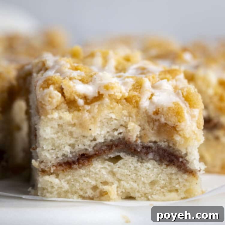 One square of vegan coffee cake close up, showing the moist interior and streusel