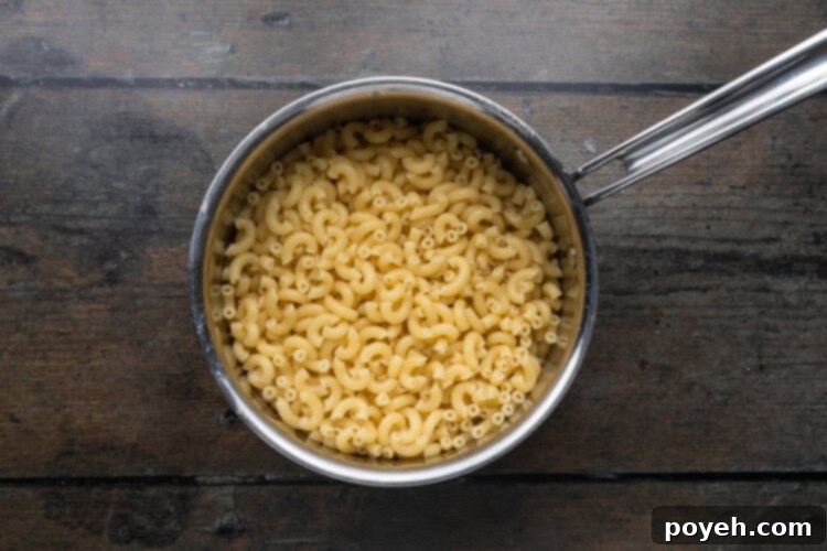Overhead view of a silver pot holding macaroni noodles on a dark, wooden background.