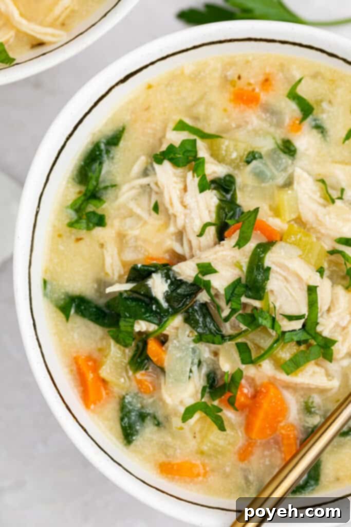 A beautifully presented, steaming bowl of creamy chicken Florentine soup, garnished with fresh herbs, captured from an overhead angle, highlighting its rich texture and vibrant ingredients.