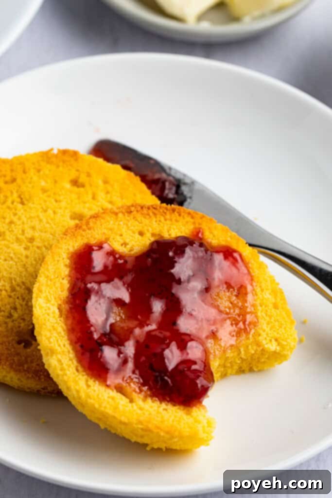 Keto English muffin with red jelly spread on top, with a bite taken out of the muffin, showcasing its light, airy texture.
