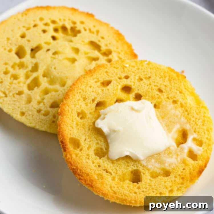 Perfectly toasted keto English muffin, sliced in half, ready to be enjoyed with your favorite toppings.