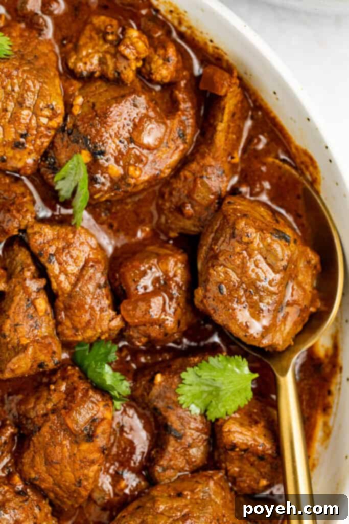 Close-up overhead image of a steaming bowl of homemade Beef Vindaloo, garnished with fresh cilantro.