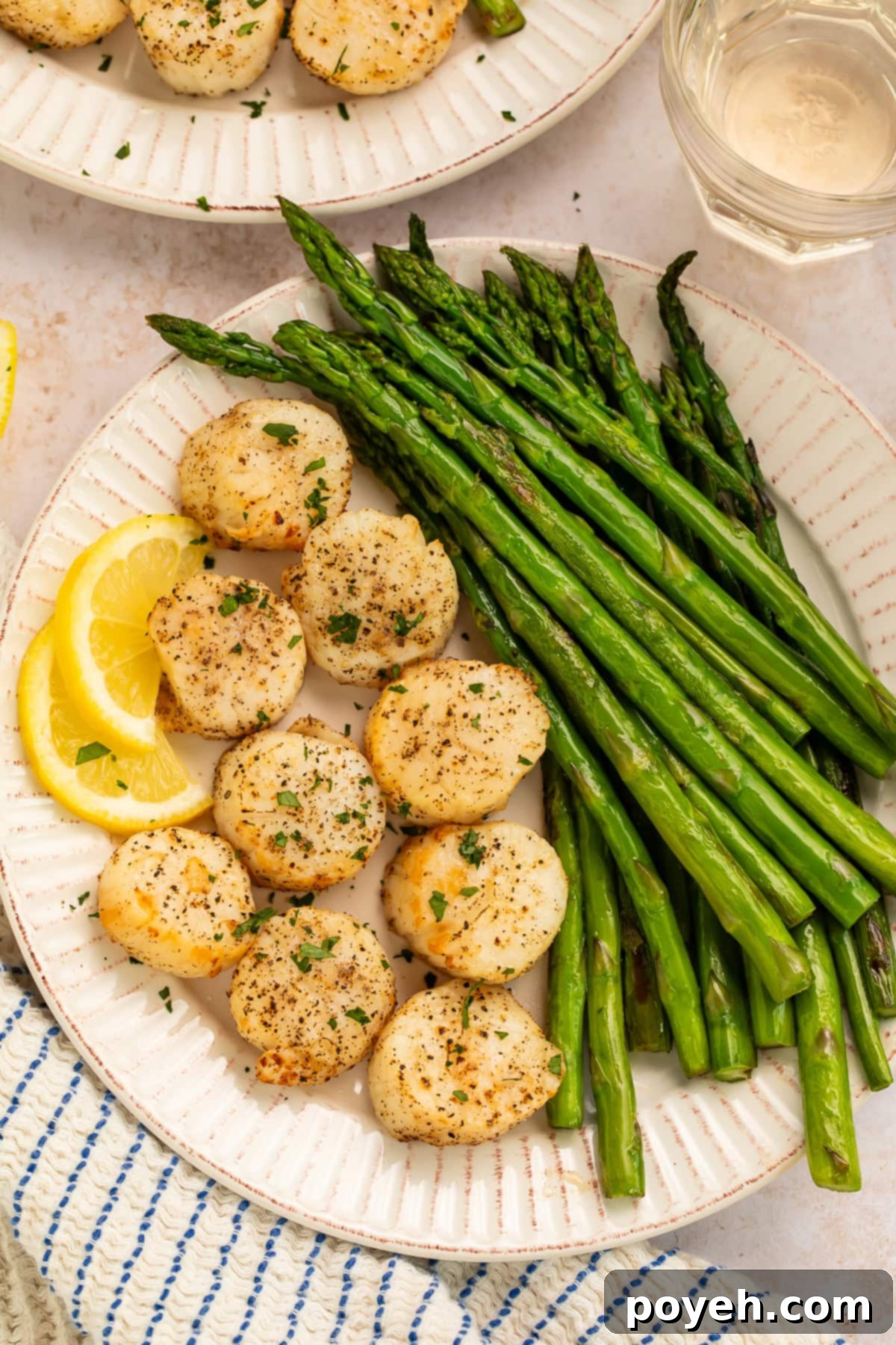 Close-up of seasoned scallops before air frying.