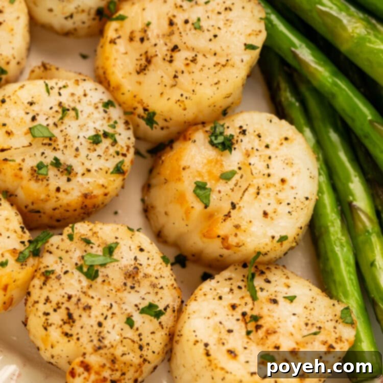 Close-up of three air fryer scallops with lemon