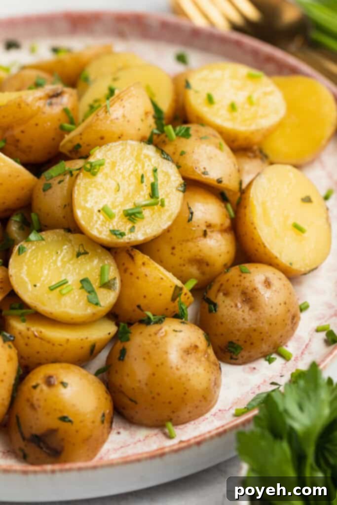 A plate of perfectly cooked sous vide potatoes, garnished with fresh parsley on the side, ready to be served as a delightful side dish.