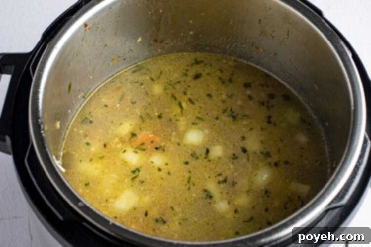 Broth and veggies in Instant Pot before pressure cooking