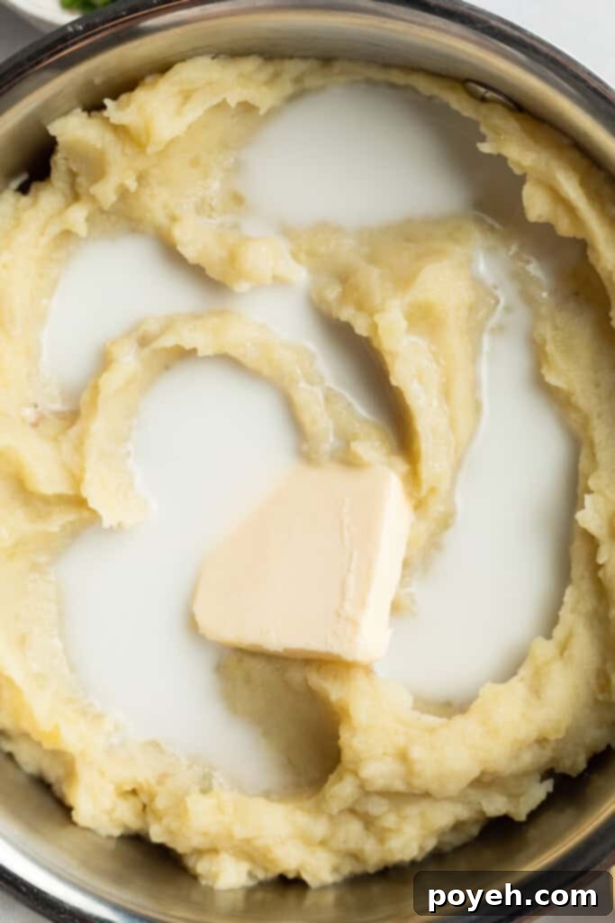 close-up image of mashed potatoes, milk, and butter in a pot