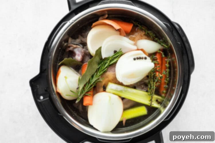 Adding all ingredients to the Instant Pot for turkey stock