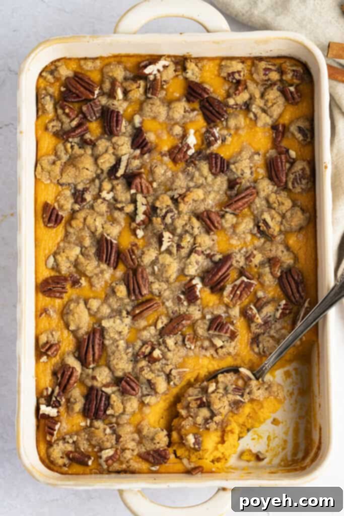 Overhead view of sweet potato pudding in a casserole dish