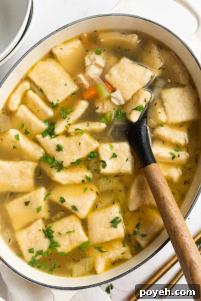 turkey and dumplings in a dutch oven with a serving spoon