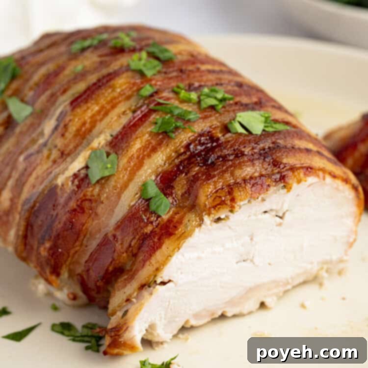 Bacon Wrapped Turkey Breast on a plate with a bowl of green beans in the background