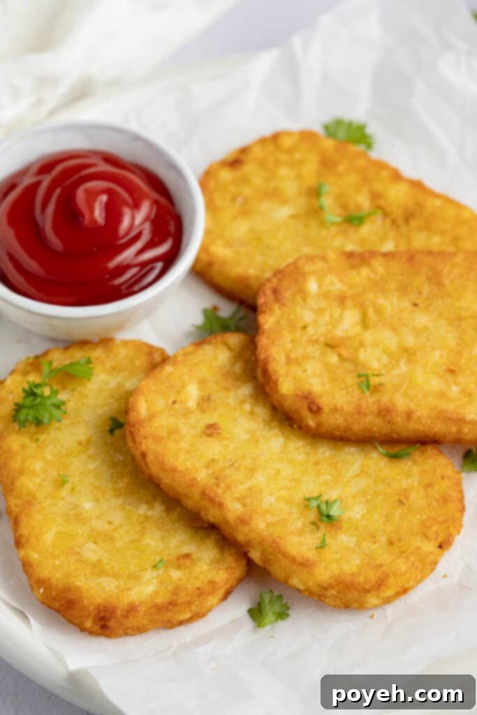 Crispy golden hashbrowns in the air fryer, served on a plate with ketchup, ready for breakfast