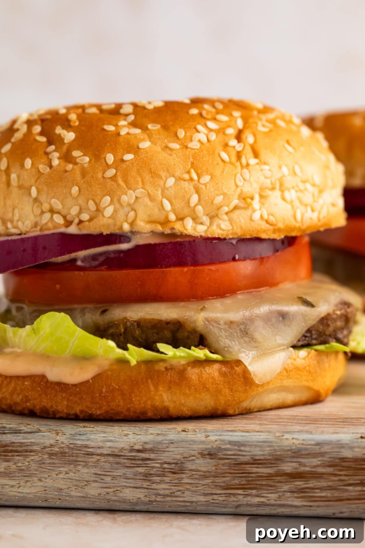 A perfectly cooked frozen burger patty from the air fryer, nestled on a bun with crisp lettuce, melted cheese, and fresh tomato slices, ready to be enjoyed.