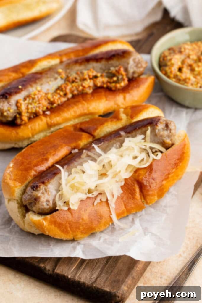 Instant Pot brats on hot dog buns with sauerkraut, on a parchment paper covered tray.