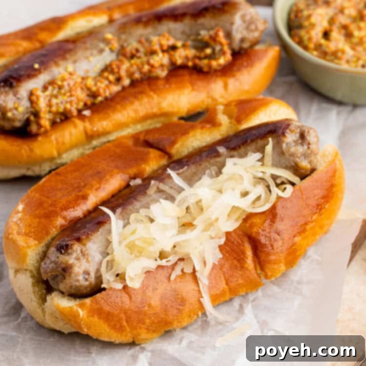 Instant Pot brats on hot dog buns with sauerkraut, on a parchment paper covered tray.
