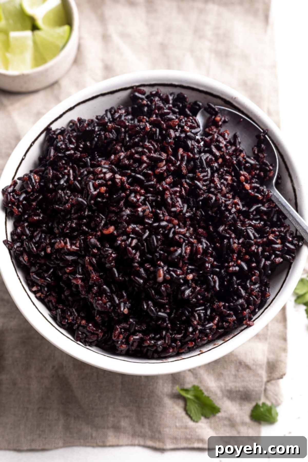 A white bowl of Instant Pot black rice sits on top of a grey kitchen towel.
