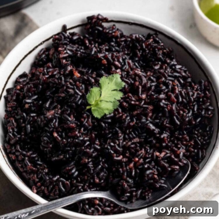 A bowl of tender black rice, garnished with a sprig of parsley, sits in front of an Instant Pot on a table.