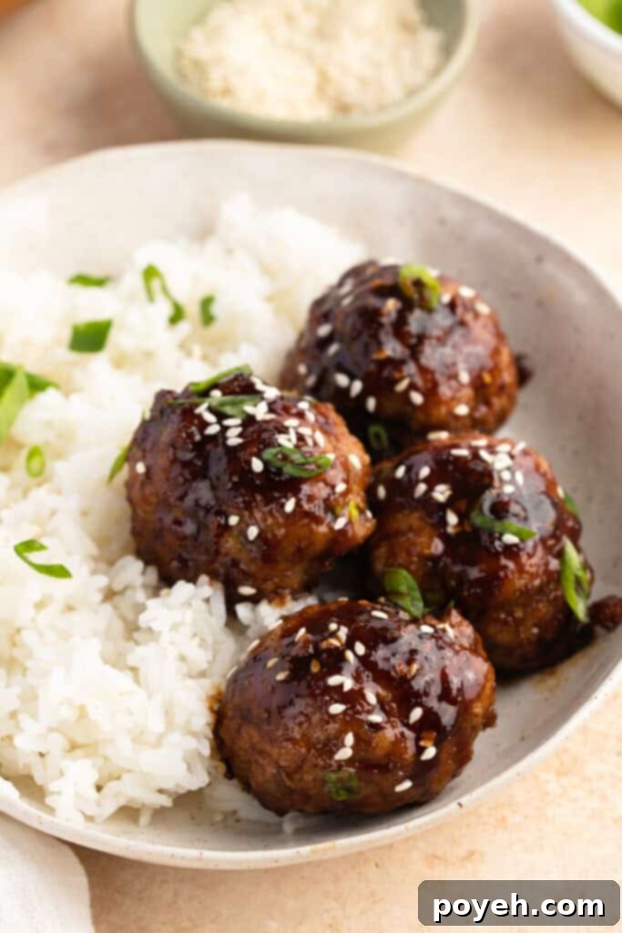 Angled view of a bowl of white rice and Asian turkey meatballs garnished with sesame seeds and green onions
