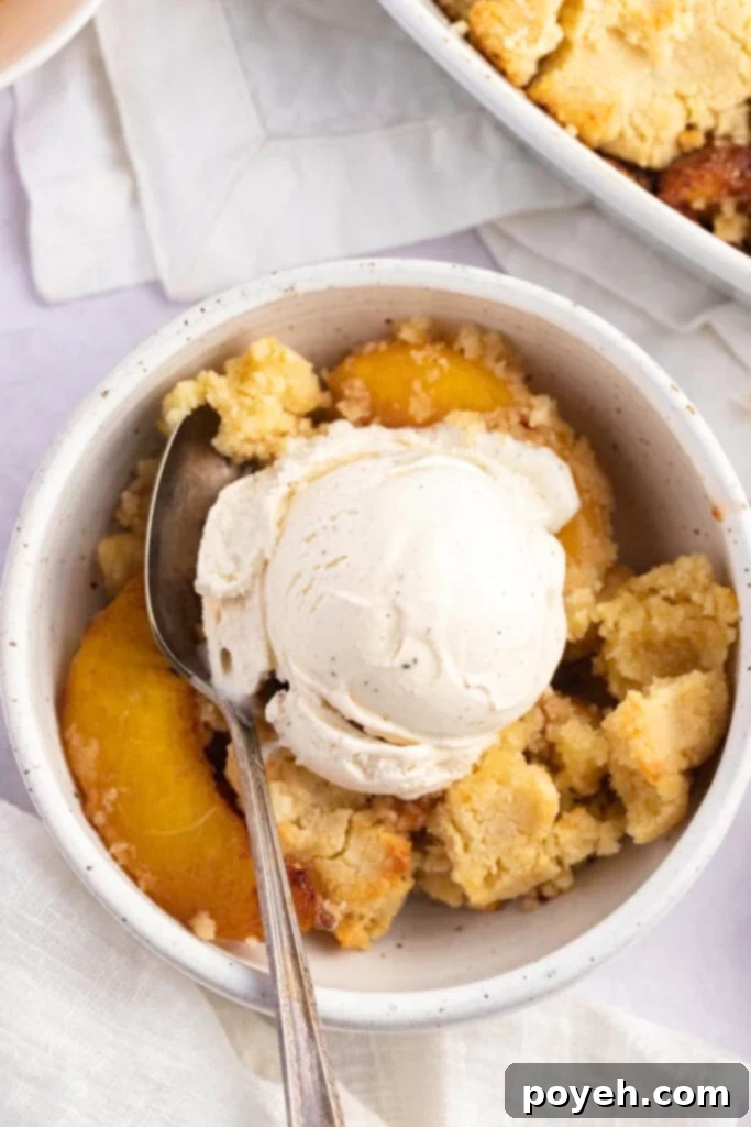 Overhead view of a bowl of keto peach cobbler with keto vanilla ice cream.