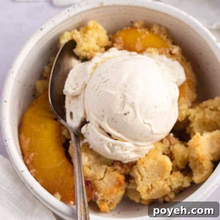 Overhead view of a bowl of keto peach cobbler with keto vanilla ice cream.