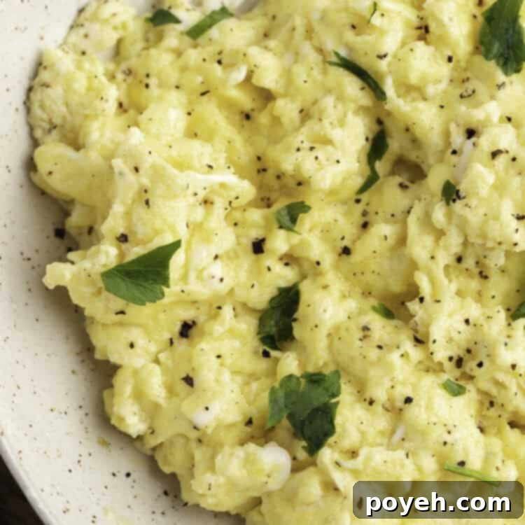 Overhead close-up view of Instant Pot scrambled eggs in a large white bowl with garnish.