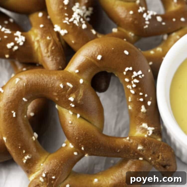 Close-up overhead view of a perfectly salted, twisted, jumbo frozen pretzel cooked in the air fryer, resting on a plate.