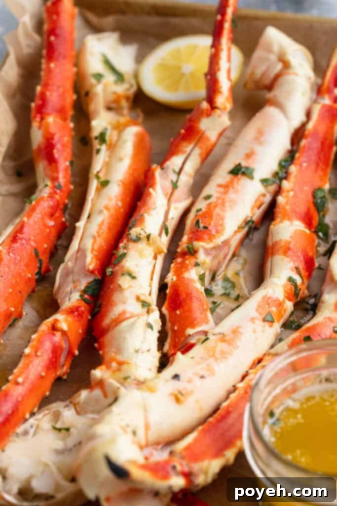 Grilled crab legs, lined up on a baking sheet lined with parchment paper, next to a bowl of garlic butter sauce.