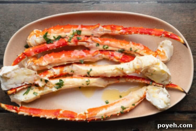 Overhead view of buttered, grilled crab legs on a platter.