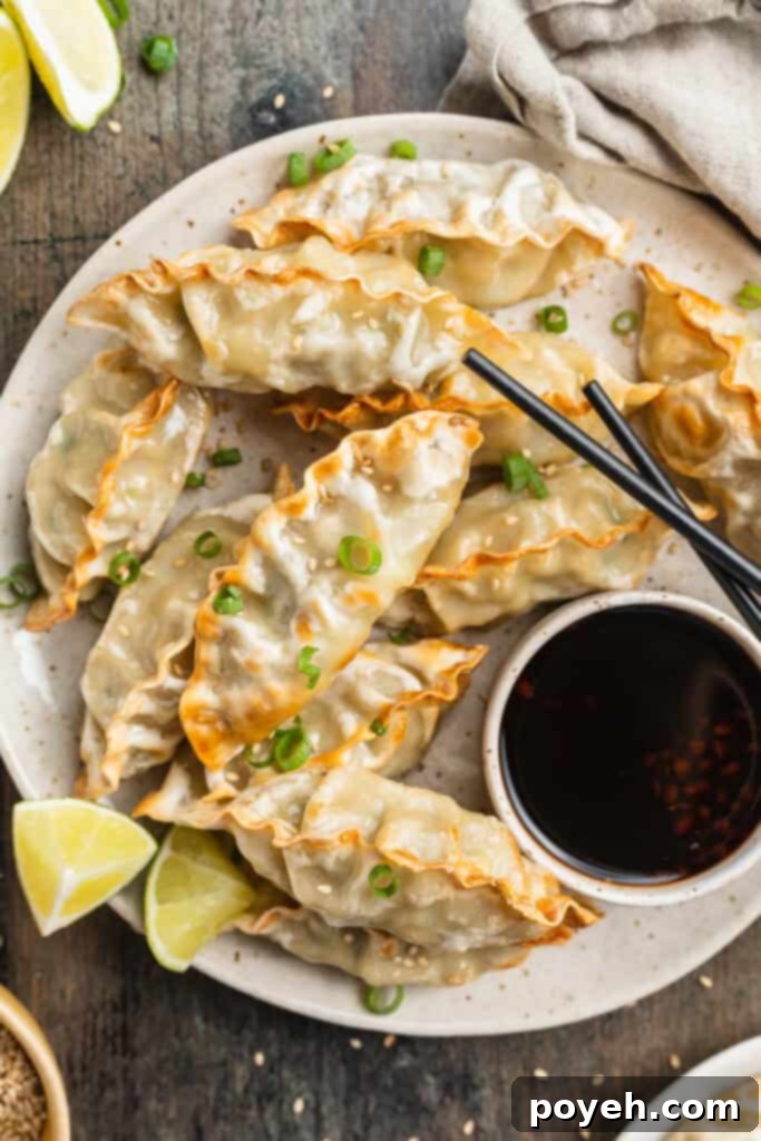 Overhead view of a plate filled with air frying dumplings with a ramekin of soy-based dumpling sauce.