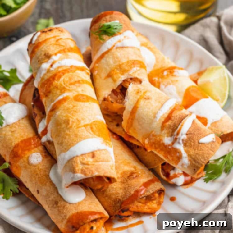 Crispy air fryer chicken flautas on a paper plate, beautifully garnished with fresh cilantro and a dollop of sour cream, surrounded by various dipping sauces like guacamole, salsa, and queso.