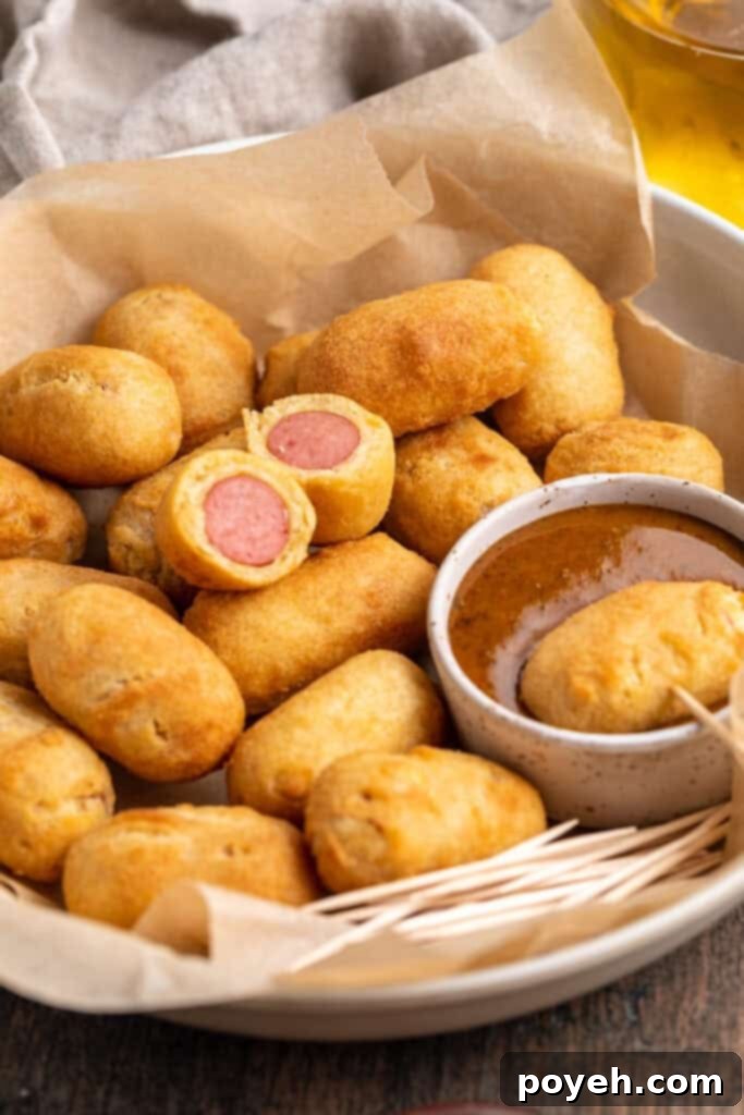 Overhead, angled view of mini corn dogs cooked in the air fryer on a platter with a smoky mustard dipping sauce.