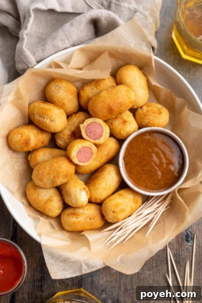Overhead view of a large bowl of mini frozen corn dogs cooked in the air fryer, with a ramekin of smoky mustard sauce.