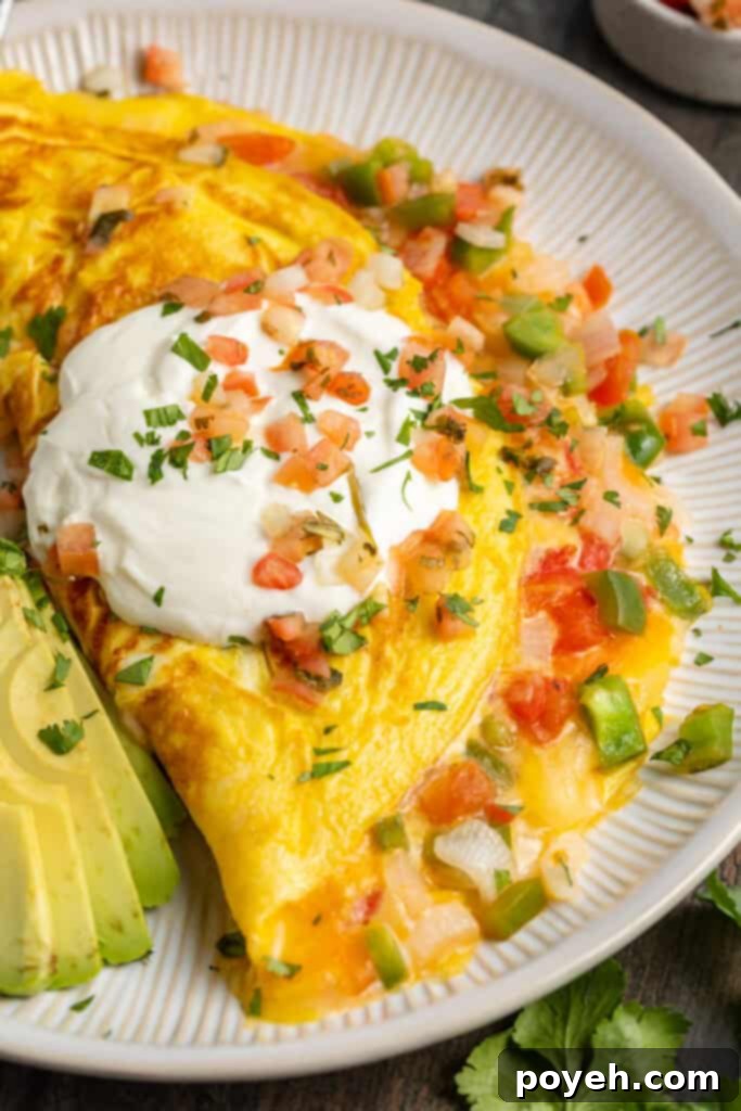 Angled view of a vibrant Mexican omelette, generously filled with cheese, tender onions, and colorful bell peppers, elegantly topped with a dollop of sour cream and perfectly sliced avocado.