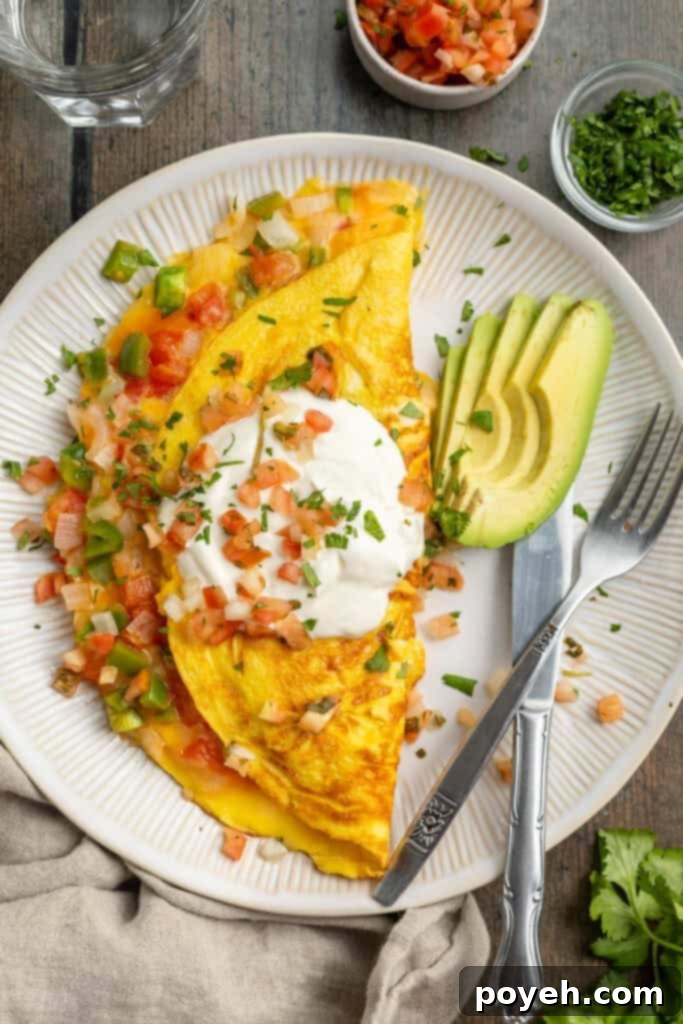 Overhead view of a perfectly cooked Mexican omelette, featuring melted cheese, vibrant bell pepper, and tender onion, elegantly garnished with sour cream and fresh avocado slices on a pristine white plate.