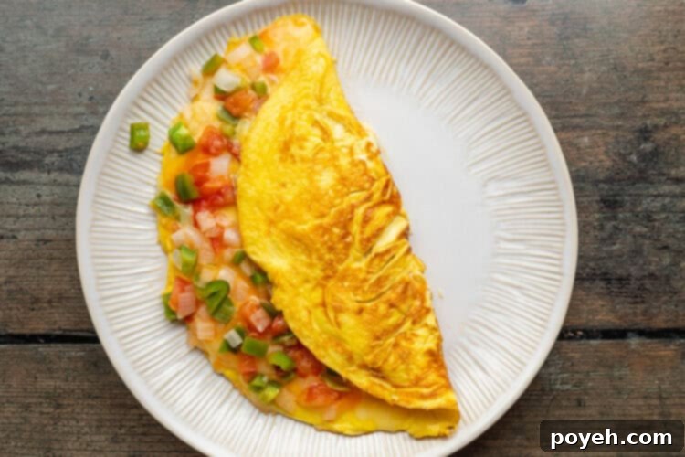Overhead view of Mexican omelette, folded in half and resting on a white plate on a rustic wooden table.