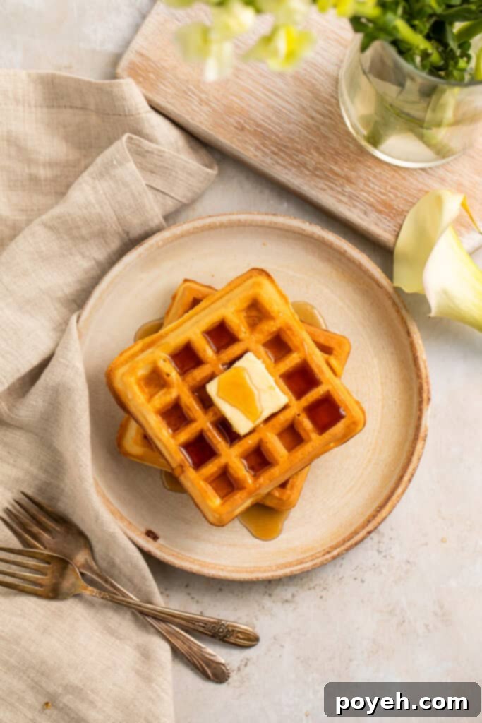 Overhead view of square frozen waffles topped with maple syrup and pats of butter on a plate, garnished with fresh berries.