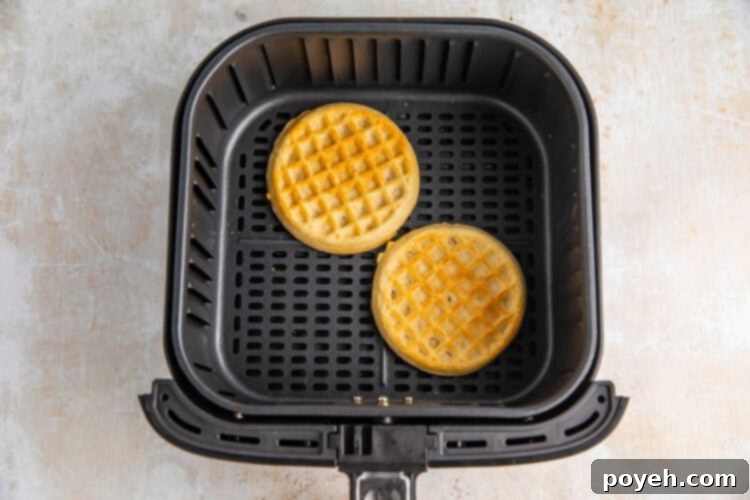 Overhead view of two round frozen waffles in an air fryer basket, ready for flipping.