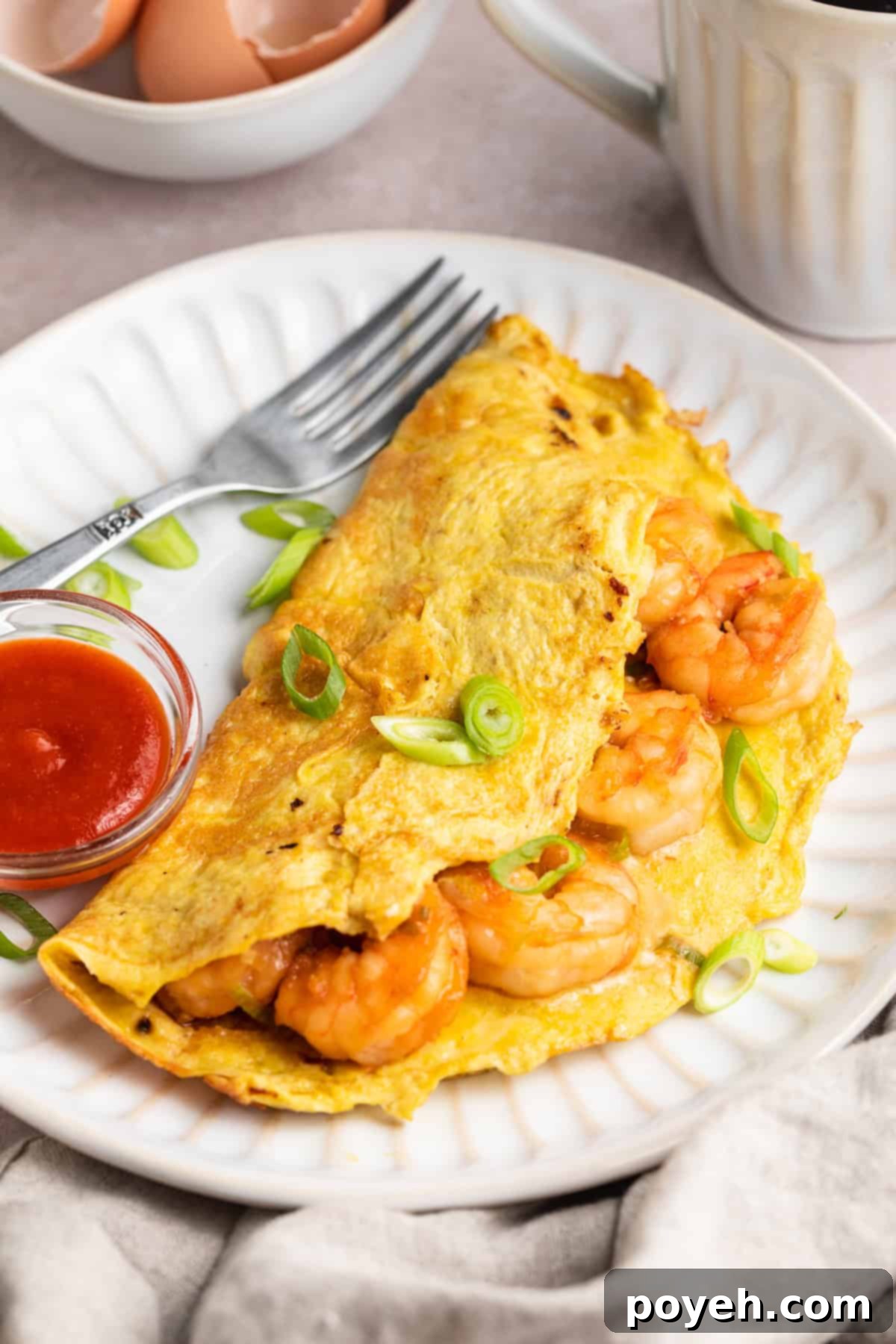 A perfectly folded, golden-brown shrimp omelette, generously filled with tender shrimp and vibrant green onions, rests invitingly on a pristine white plate. A small dish of savory ketchup sits beside it, offering a classic accompaniment to this delightful breakfast.