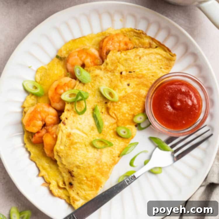 Overhead view of a folded, half-moon shaped shrimp omelette topped with chopped green onions on a white plate with small bowl of ketchup.
