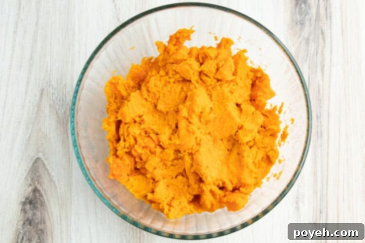 Overhead view of mashed sweet potatoes in a large glass mixing bowl.