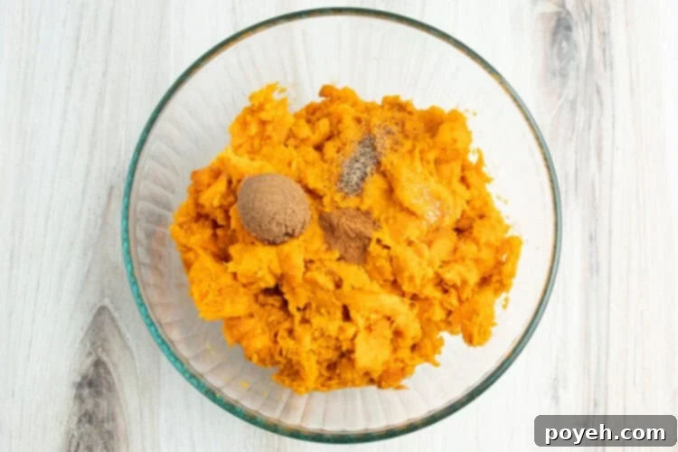 Overhead view of a glass mixing bowl filled with mashed sweet potatoes, brown sugar, cinnamon, salt, pepper, and orange juice.