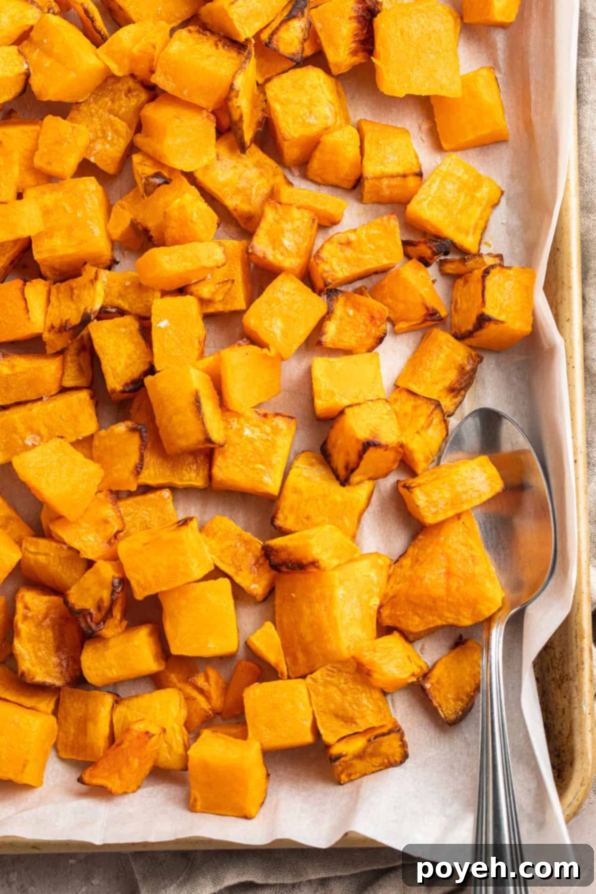 Overhead view of a sheet pan lined with parchment paper topped with cubed air fryer butternut squash.