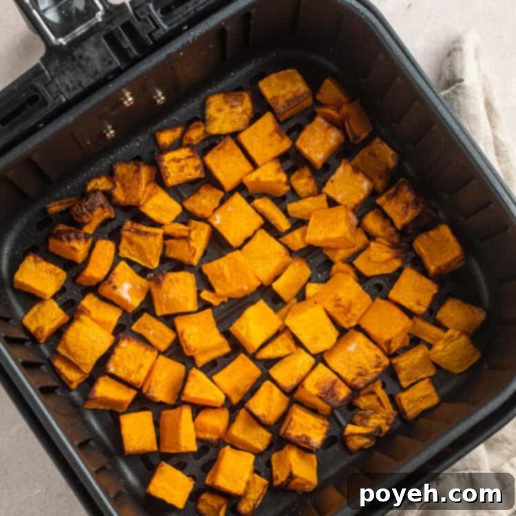 Overhead view of air fryer butternut squash in an air fryer basket on a neutral countertop.