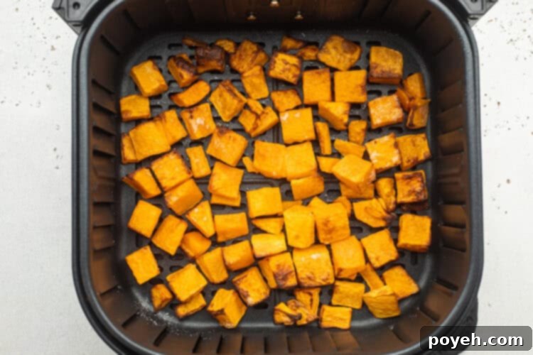 Overhead view of cubed butternut squash in an air fryer basket on a neutral countertop.