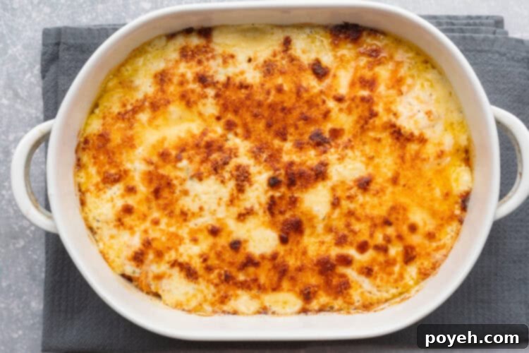 Overhead view of scalloped sweet potatoes topped with golden brown parmesan cheese in a large oval casserole dish.