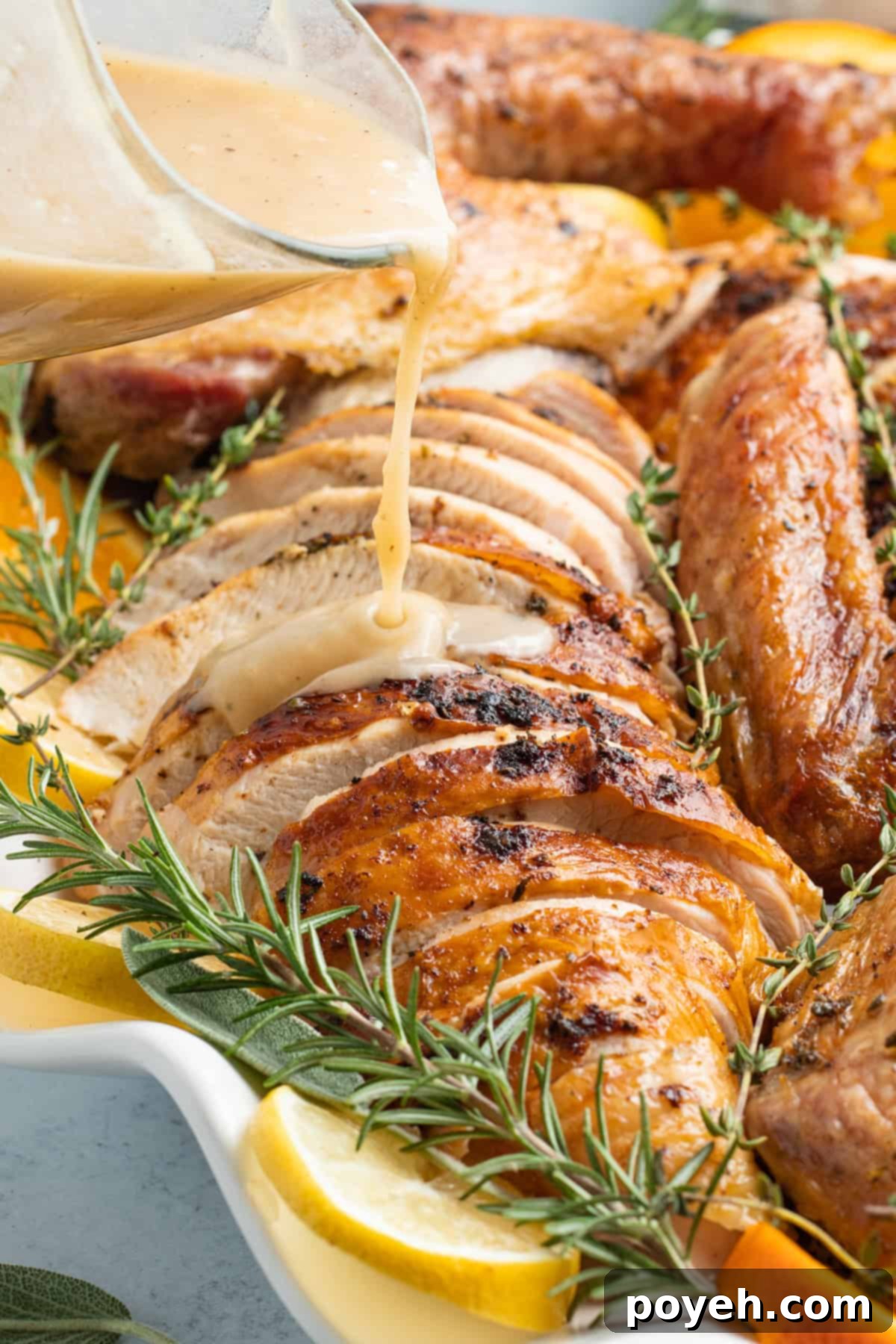 Gravy being poured from a gravy boat onto slices of grilled spatchcock turkey.