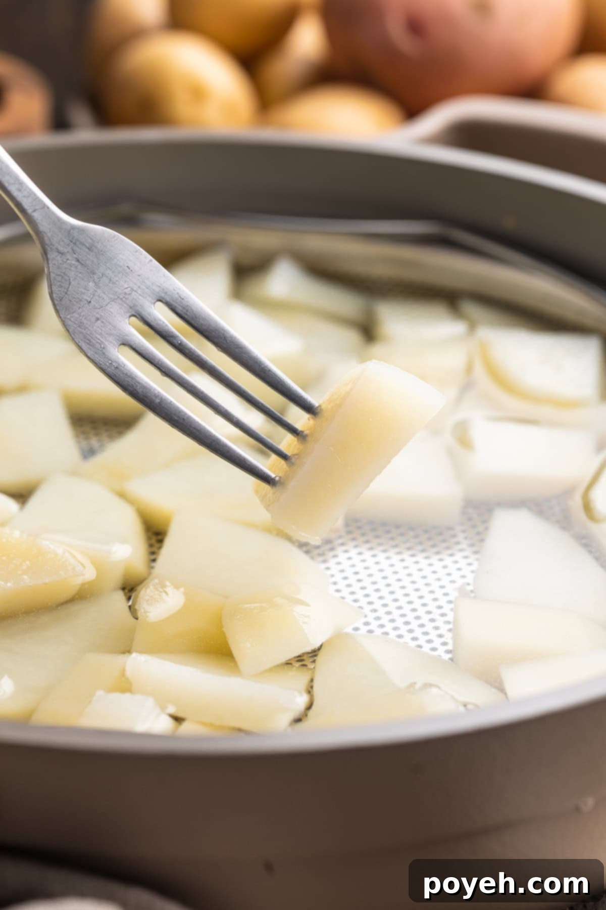 A blanched piece of potato at the end of the tines of a fork, being held above a pot of blanched potatoes.